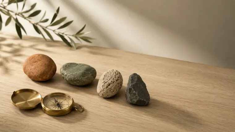 Cuatro piedras distintas junto a una brújula